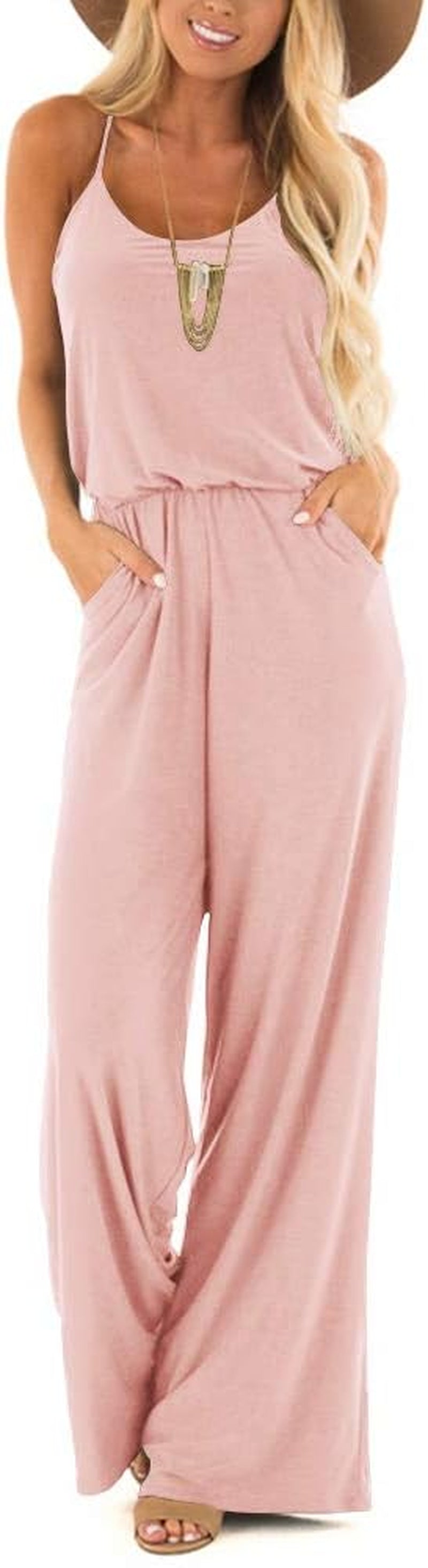 Womens Summer Casual Sleeveless Spaghetti Strap Sexy Jumpsuit Rompers Wide Leg Pants Blush X-Large