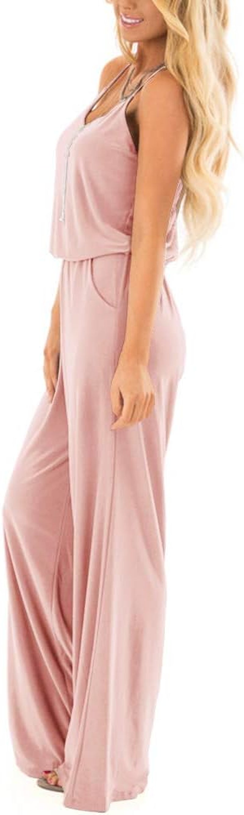 Womens Summer Casual Sleeveless Spaghetti Strap Sexy Jumpsuit Rompers Wide Leg Pants Blush X-Large