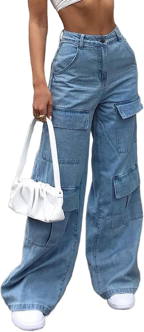 Women Fashion Denim Pants High Waist Straight Leg Baggy Y2K E-Girls Boyfriend Jeans Trousers Streetwear (Blue, 3XL), 3X-Large