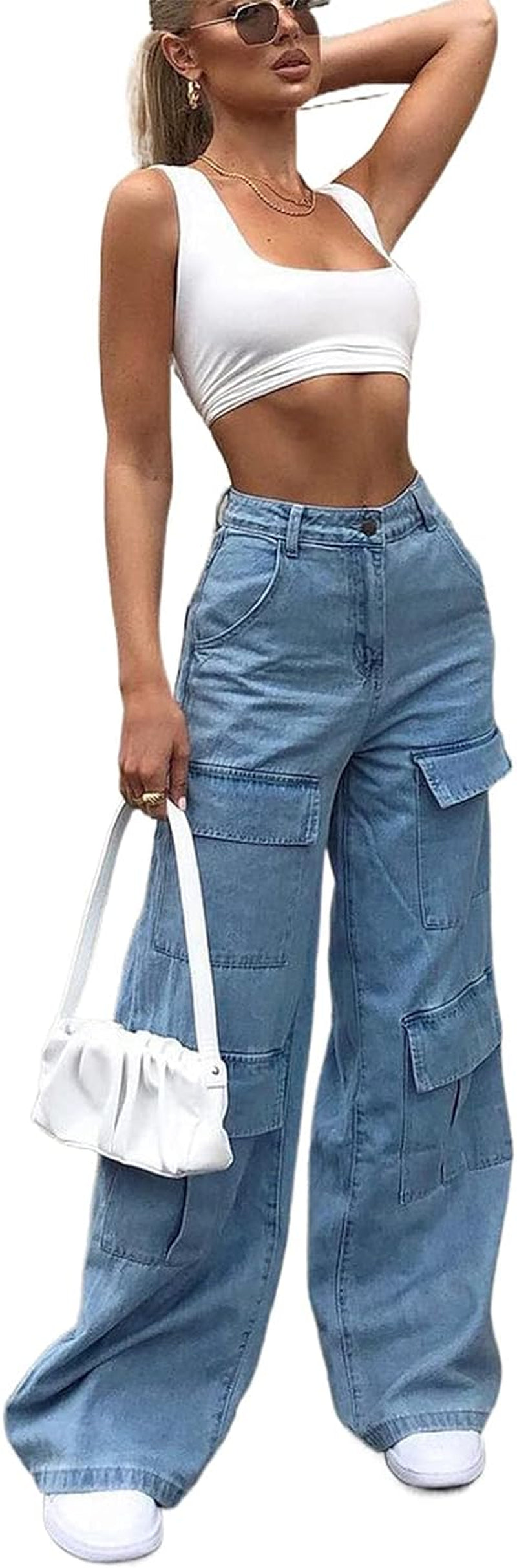 Women Fashion Denim Pants High Waist Straight Leg Baggy Y2K E-Girls Boyfriend Jeans Trousers Streetwear (Blue, 3XL), 3X-Large