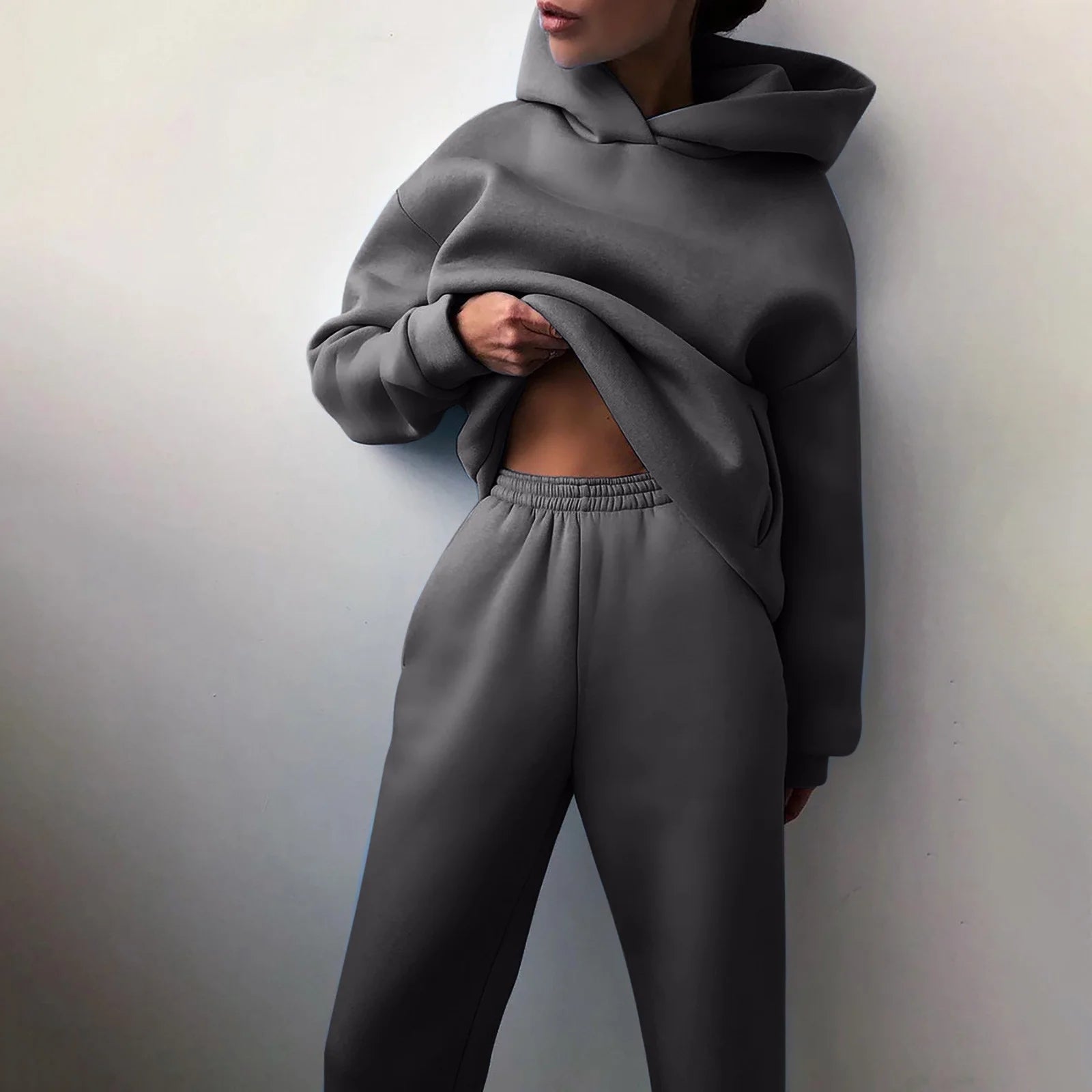 Women Casual Solid Color Two Piece Long Pants Hooded Pullover Long Sleeve Sweatshirts Sets Dark Gray XL