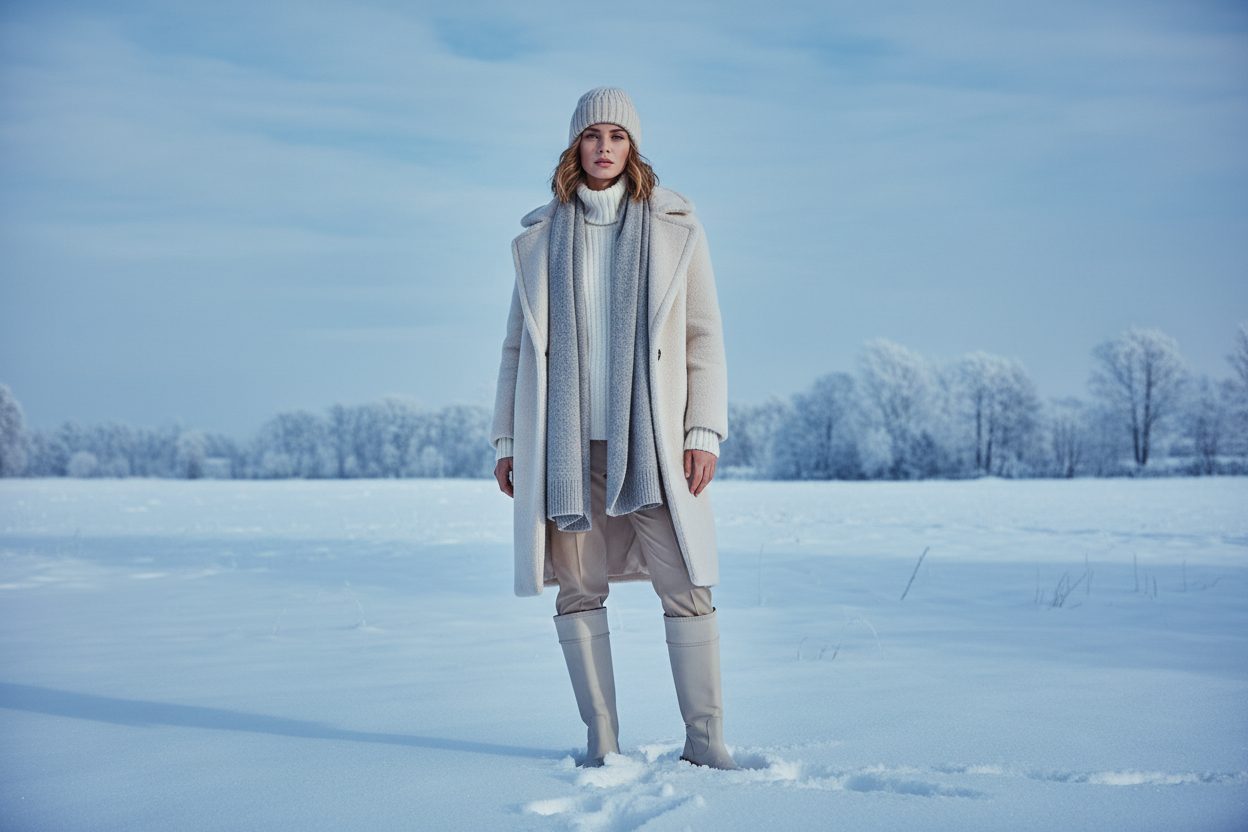 model wearing winter clothing with a blue color scheme but no blue clothing and shes outside